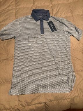 Walter Hagen Blue Geometric Print Polo with Navy Collar Men’s Small